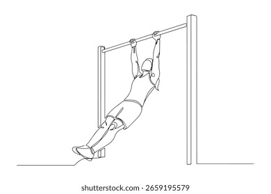 Um homem está fazendo flexões em um bar como parte de sua rotina de fitness. Ilustração vetorial isolada sobre fundo branco. Desenho de arte em linha