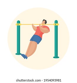 Man doing pull-ups workout. Outdoor fitness equipment. Male cartoon character pulling himself on horizontal bar. Sports training. Flat vector illustration