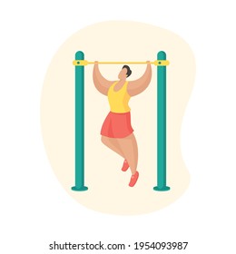 Man doing pull-ups workout. Outdoor fitness equipment. Male cartoon character pulling himself on horizontal bar. Sports training. Flat vector illustration