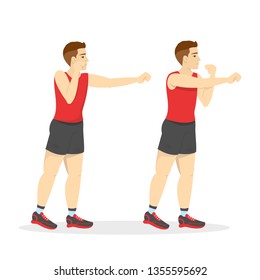 Man doing punches exercise. Arm workout in the gym. Fitness and healthy lifestyle. Sport training. Isolated vector illustration in cartoon style