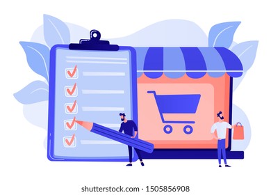 Man doing purchases from shopping list. Customer with package, buying goods. Purchase agreement, in-app purchase, buying process concept. Bright vibrant violet vector isolated illustration