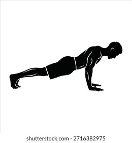 Hombre haciendo push up silueta de ejercicio. Rutina de entrenamiento físico. Actividad de entrenamiento en el hogar. Fuerte Ilustración vectorial del cuerpo masculino.