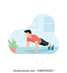 Man doing push up in gym. Workout and exercise concept vector illustration