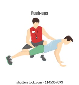 Man doing push ups in the gym. Fitness trainer helps guy. Arm workout and muscle building. Healthy and active lifestyle. Isolated vector illustration