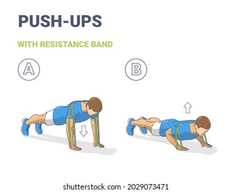 Man Doing Push Ups Home Workout Exercise with Resistance Band Guidance. Male in Sportswear Do Fitness Exercise with Elastic Loop Equipment.