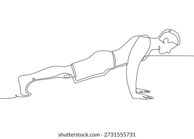 Hombre haciendo flexiones. Concepto de rutinas de fitness en el hogar dibujo de una línea