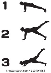 Man doing push ups in three steps black silhouettes on white background, fitness