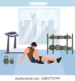 Man doing push-ups at the gym. Vector illustration in flat style