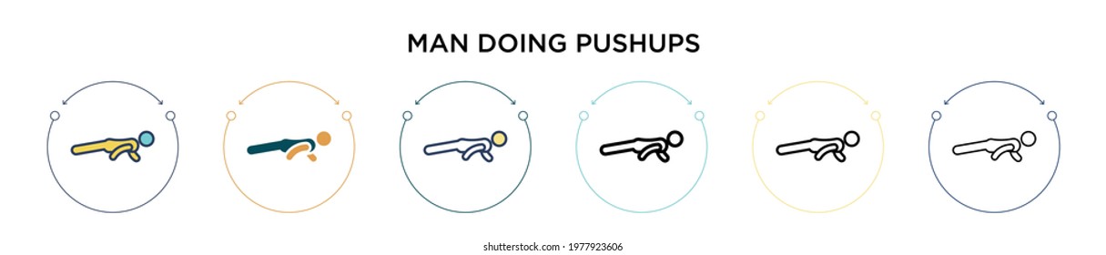 Man doing pushups icon in filled, thin line, outline and stroke style. Vector illustration of two colored and black man doing pushups vector icons designs can be used for mobile, ui, web