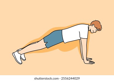 Man doing push-ups makes progress in losing weight, and feels disappearance of thanks to fitness and sports. Guy demonstrates correct execution of push-ups from floor to achieve result