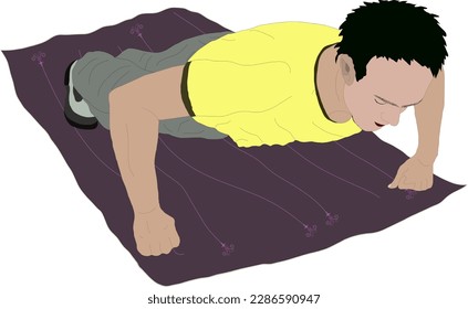 Man Doing Push-ups in a yellow shirt and dark gray shorts on a carpet
