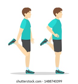 Man doing quadriceps stretch, cool down exercise. Balance pose, flexibility improvement. Isolated vector illustration in cartoon style
