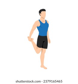 Man doing quadriceps stretch, cool down exercise. Balance pose, flexibility improvement. Flat vector illustration isolated on white background