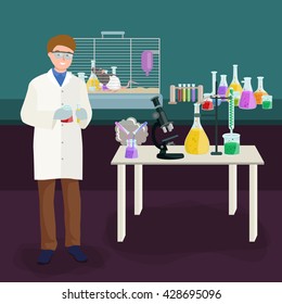 Man doing reaction in science laboratory, chemistry equipment  lab research concept, chemical tube and medicine liquid glass in medical experiment. Scientific, pharmacy technology test flask