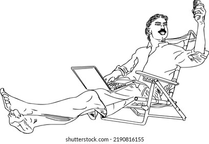 Man doing relaxing on beach sitting on chair holding laptop and cell phone line art vector illustration, Man holding laptop and mobile sketch drawing, Man in relxing pose cartoon clip art
