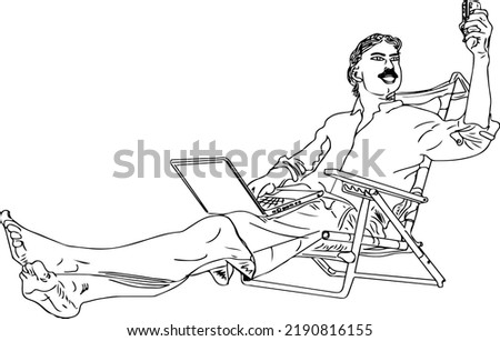 Man doing relaxing on beach sitting on chair holding laptop and cell phone line art vector illustration, Man holding laptop and mobile sketch drawing, Man in relxing pose cartoon clip art
