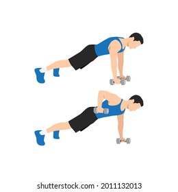 Man doing Renegade.Alternating plank. Commando Rows exercise. Flat vector illustration isolated on white background