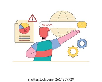 A man doing research, exploring databases and digital systems. Design character. Vector flat illustration