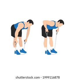 Man doing Resistance band bent over rows exercise. Flat vector illustration isolated on white background