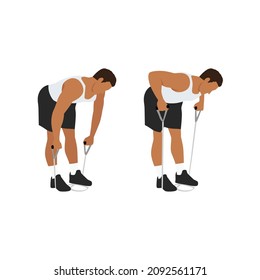 Man doing Resistance band bent over rows exercise. Flat vector illustration isolated on white background