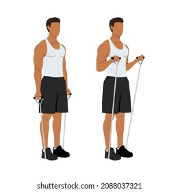 Hombre haciendo ejercicio de bíceps de banda de resistencia. Entrenamiento de brazos. Ilustración vectorial plana de un hombre de fitness aislado en fondo blanco