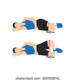 Man doing Resistance band clam shells exercise. Flat vector illustration isolated on white background