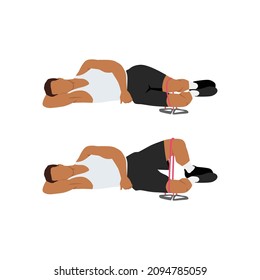 Man Doing Resistance Band Clam Shells Exercise. Flat Vector Illustration Isolated On White Background