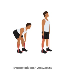 Man Doing Resistance Band Deadlifts Exercise. Flat Vector Illustration Isolated On White Background