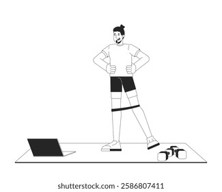 Man doing resistance band exercise on yoga mat with laptop black and white 2D line character. Online fitness workout bearded guy isolated vector outline person. Monochromatic spot illustration