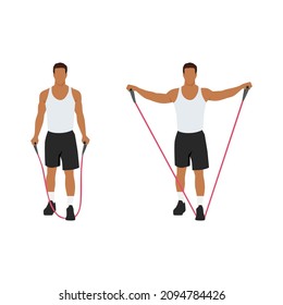 Man doing Resistance band lateral raises. Side raises exercise. Flat vector illustration isolated on white background