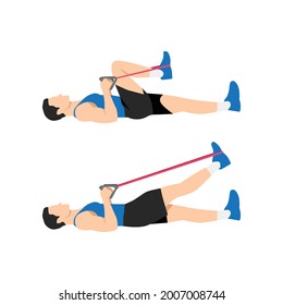 Man doing Resistance band lying leg extensions exercise. Flat vector illustration isolated on white background