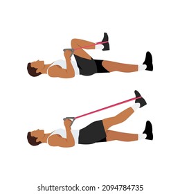 Man doing Resistance band lying leg extensions exercise. Flat vector illustration isolated on white background
