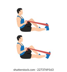 Man doing resistance band plantar flexion or ankle pumps. Flat vector illustration isolated on white background