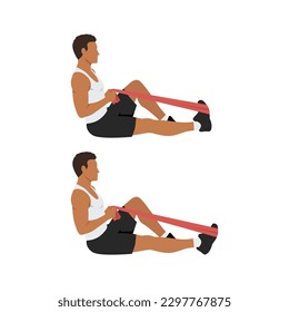 Man doing resistance band plantar flexion or ankle pumps. Flat vector illustration isolated on white background