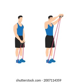 Man doing Resistance band shoulder front raises exercise. Flat vector illustration isolated on white background