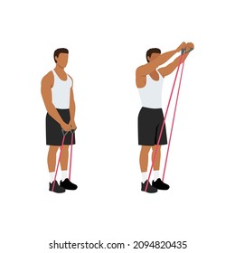 Man doing Resistance band shoulder front raises exercise. Flat vector illustration isolated on white background