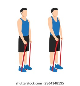 Man doing resistance band shrugs exercise. Flat vector illustration isolated on white background