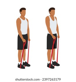 Man doing resistance band shrugs exercise. Flat vector illustration isolated on white background