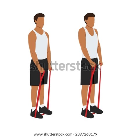 Man doing resistance band shrugs exercise. Flat vector illustration isolated on white background
