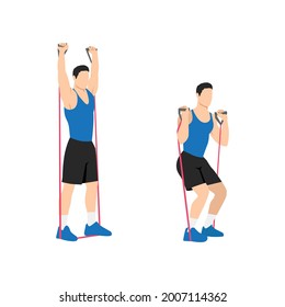 Man doing Resistance band squat and overhead press exercise. Flat vector illustration isolated on white background