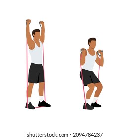 Man doing Resistance band squat and overhead press exercise. Flat vector illustration isolated on white background