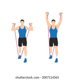 Man doing Resistance band standing shoulder press. overhead press exercise. Flat vector illustration isolated on white background