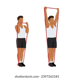 Man doing Resistance band standing shoulder press. overhead press exercise.