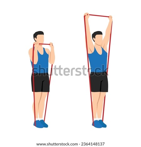 Man doing Resistance band standing shoulder press. overhead press exercise.