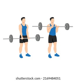 Man doing Reverse barbell curl. Flat vector illustration isolated on different layers. Workout character