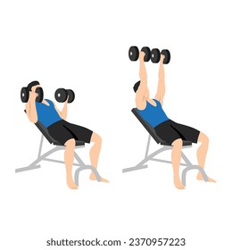 Hombre haciendo ejercicio de presión en el banco Incline Dumbbell. Ilustración vectorial plana aislada en fondo blanco