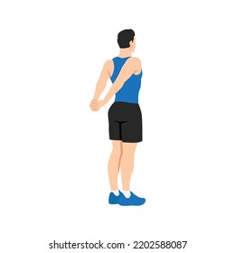 Man doing reverse shoulder stretch exercise. Flat vector illustration isolated on white background