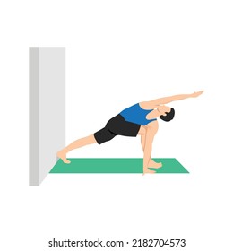 Man doing Revolved side angle pose parivrtta parsvakonasana to the wall exercise. Flat vector illustration isolated on white background