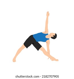 Man doing Revolved Triangle Yoga Pose. Parivrtta Trikonasana. Flat vector illustration isolated on white background