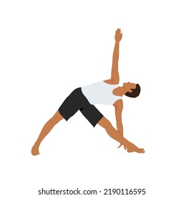 Man doing Revolved Triangle Yoga Pose. Parivrtta Trikonasana. Flat vector illustration isolated on white background